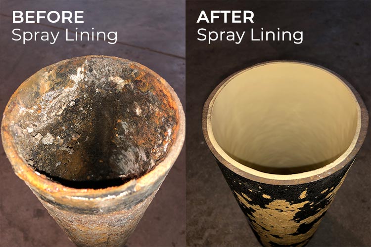 sewer spray lining before and after of cast iron pipes